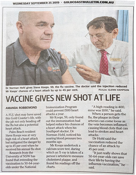 Dr Hohl giving flu injection article in Gold Coast Bulletin