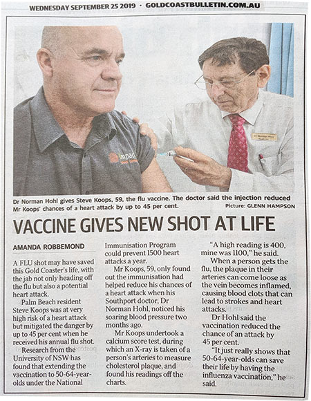 Click to find out more about how the flu vaccine can reduce risk of heart attack Dr Hohl giving flu injection article in Gold Coast Bulletin