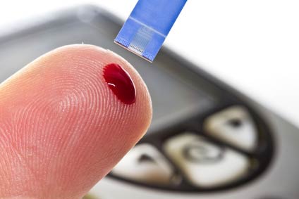 Blood from finger prick will measure this patient's blood glucose level BGL in order to monitor diabetes