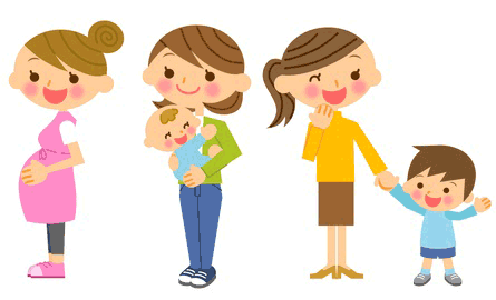 Health HQ cares for women both in helping to prevent cancer and by caring for females and their babies during and after pregnancy Cartoon image of 3 women, one baby and one toddler on woman is pregnant